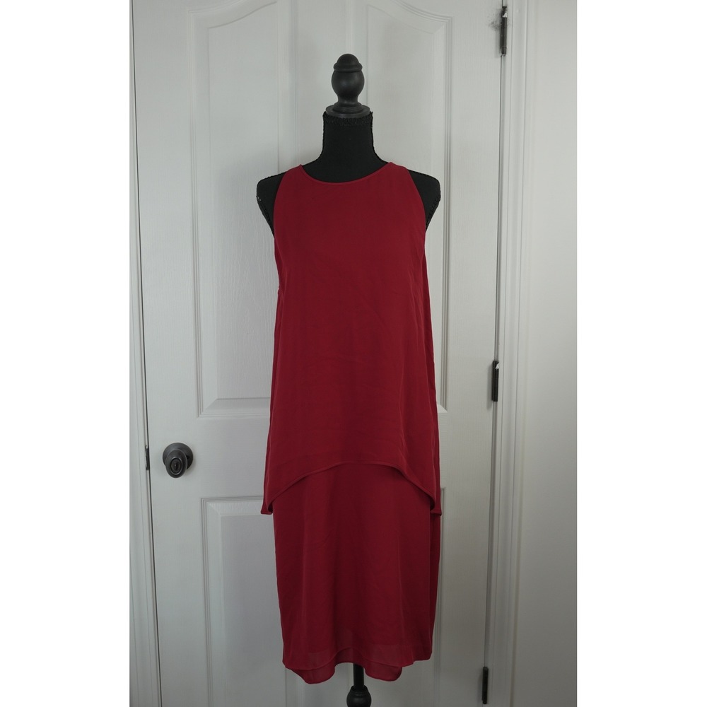 Theory Red Silk Layered Tiered Sleeveless Shift Dress Size 12 High Neck Zip